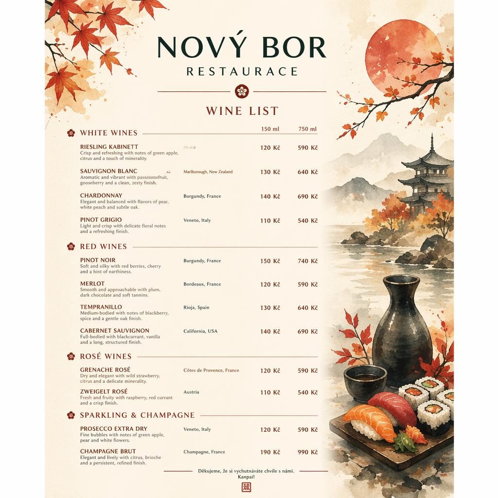 Akvarelový vinný lístek pro sushi restauraci ve formátu A4 na výšku s dekorativní hlavičkou a cenovým sloupcem.