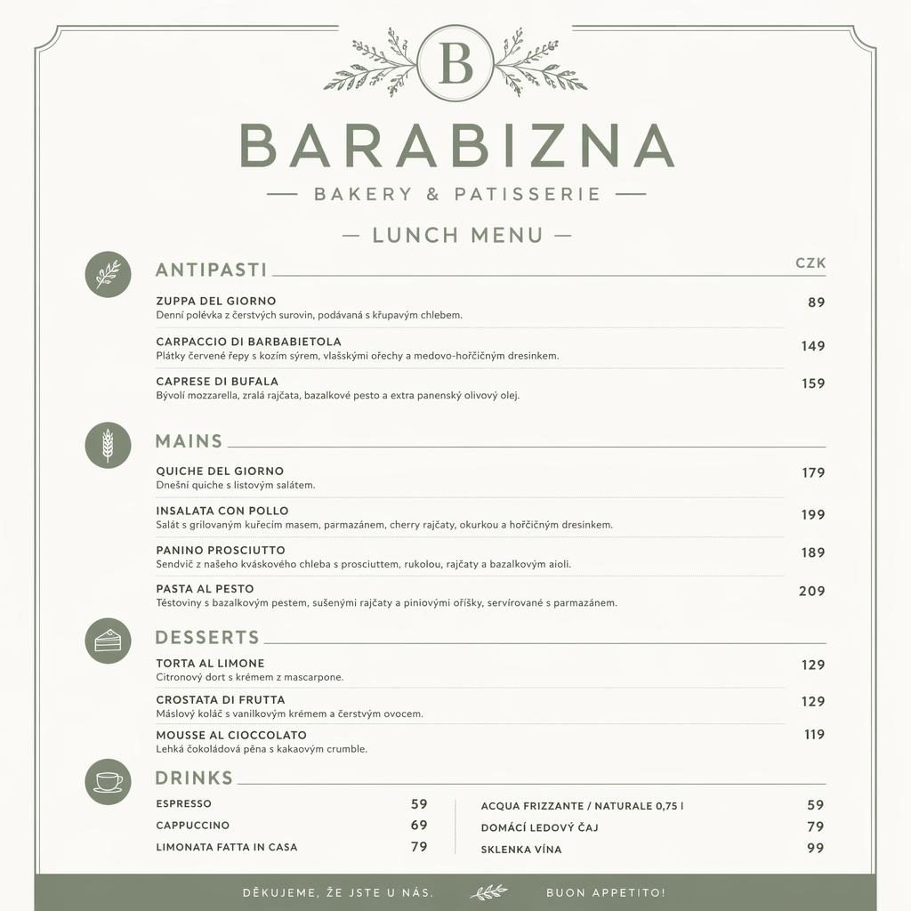 Minimalistická obědová menu karta A4 pro barabizna menu v odstínech šalvěje a slonové kosti s cenovým sloupcem.