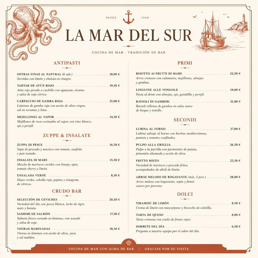 Carta de bar de marisco en formato A4 vertical, paleta crema y óxido, encabezado decorativo, secciones y precios.