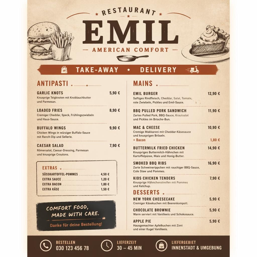 A4-Menükarte für restaurant emil im warm-rustikalen Stil mit Sektionen, Platzhalter-Gerichten, Preisen und dekorativer Kopfzeile