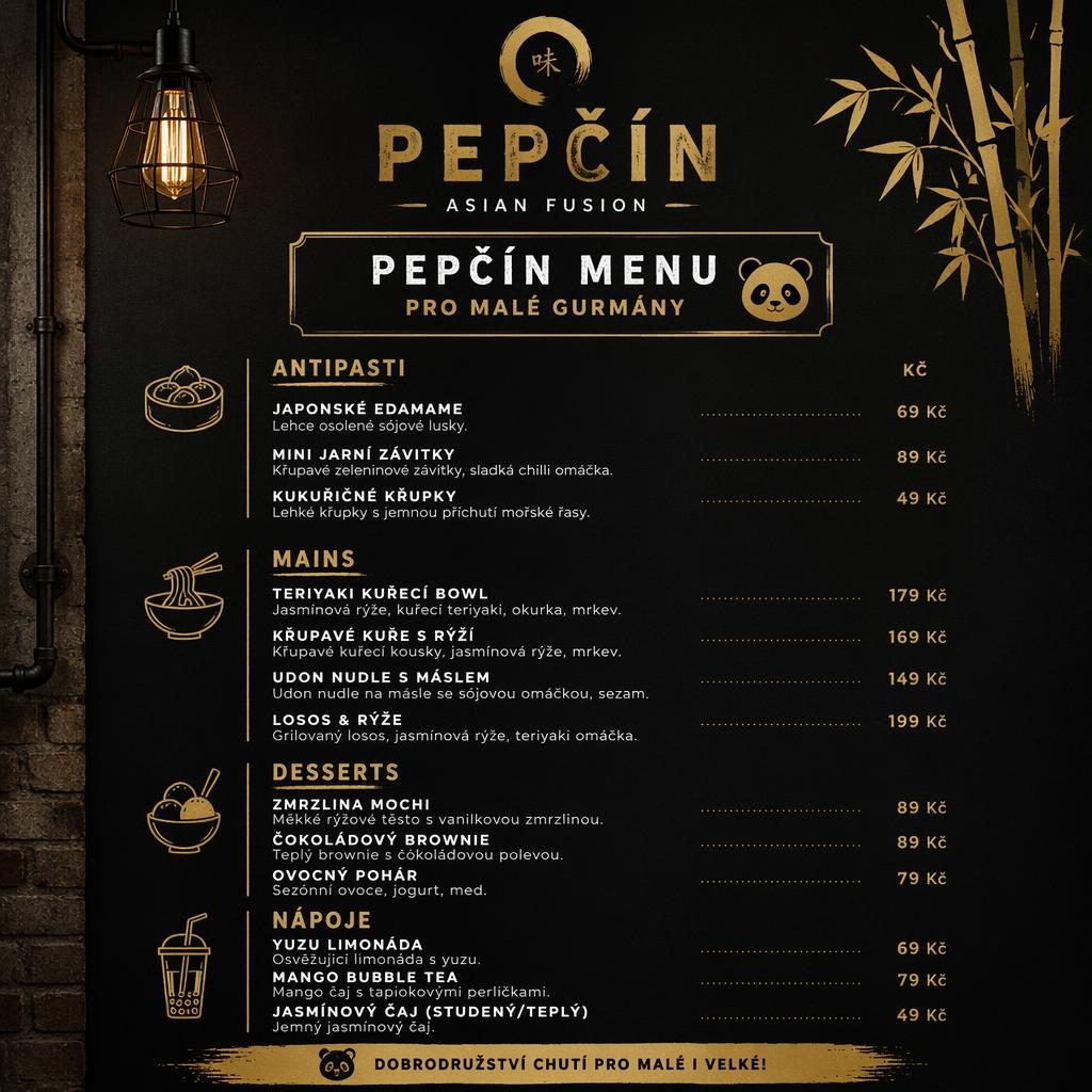 A4 dětské pepčín menu v asijském fusion stylu, černo-zlatá karta s dekorativní hlavičkou, sekcemi a cenami.