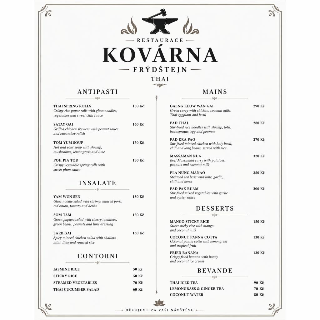 Luxusní A4 menu karta pro restaurace kovárna frýdštejn v monochromním stylu s dekorativní hlavičkou a cenami