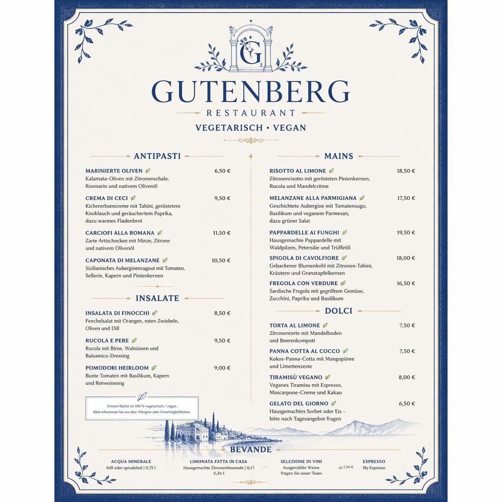 A4-Menükarte im Hochformat für gutenberg restaurant, mediterran in Blau und Creme mit Antipasti, Hauptspeisen, Desserts und Preisspalte.
