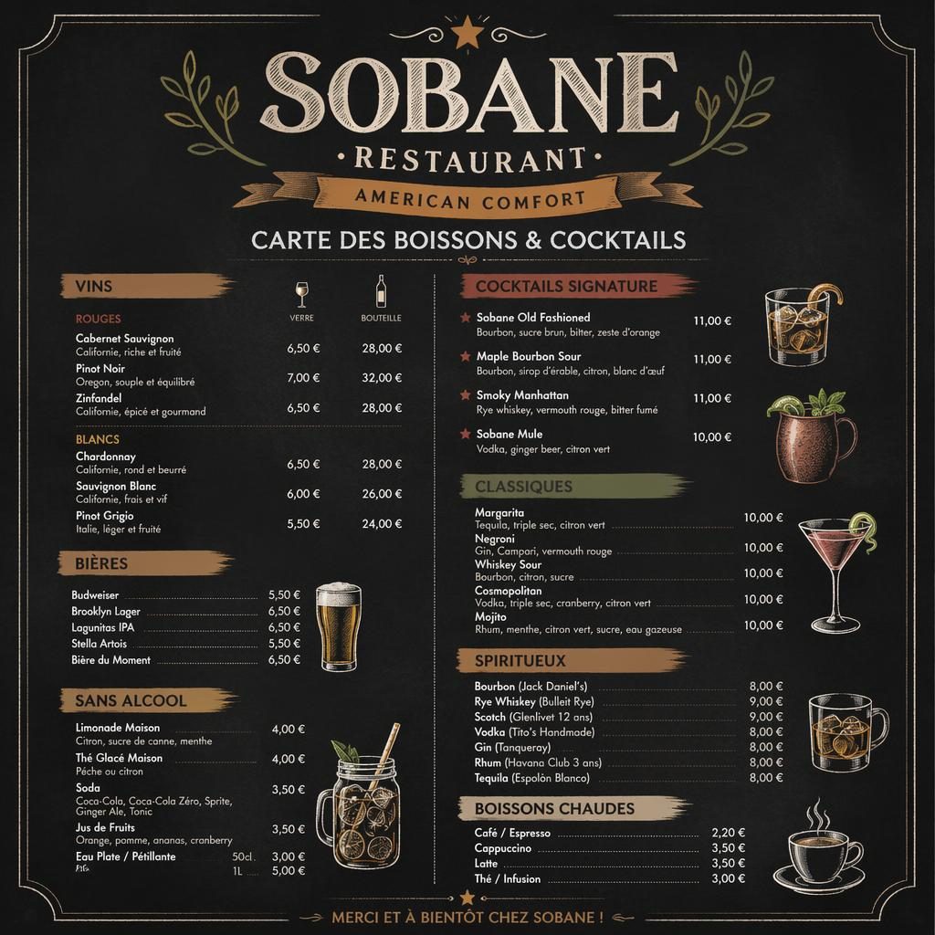 Carte de cocktails A4 en portrait pour sobane restaurant, style ardoise café, palette terre chaude, mise en page menu.