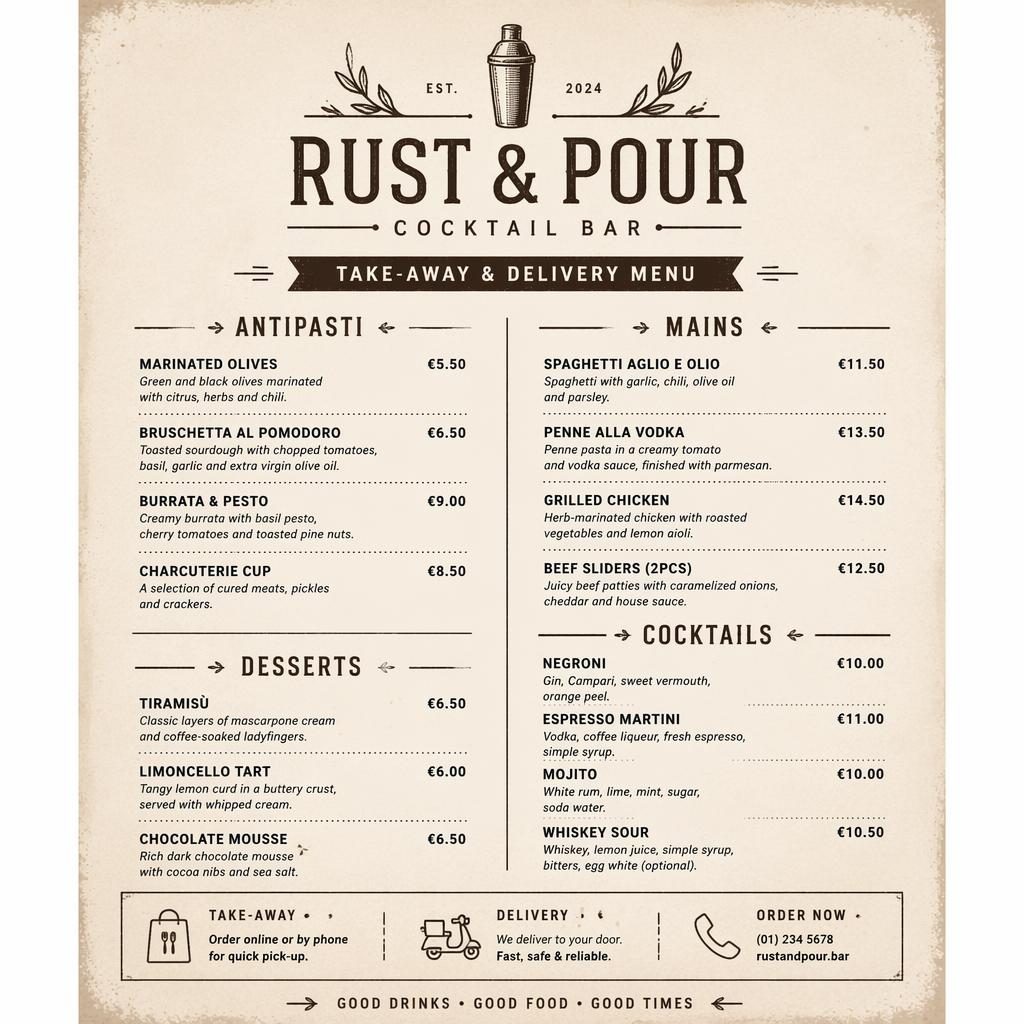 A4 portrait takeaway drinks menu card with rustic warm monochrome styling, decorative header, section titles, placeholder items, and prices.