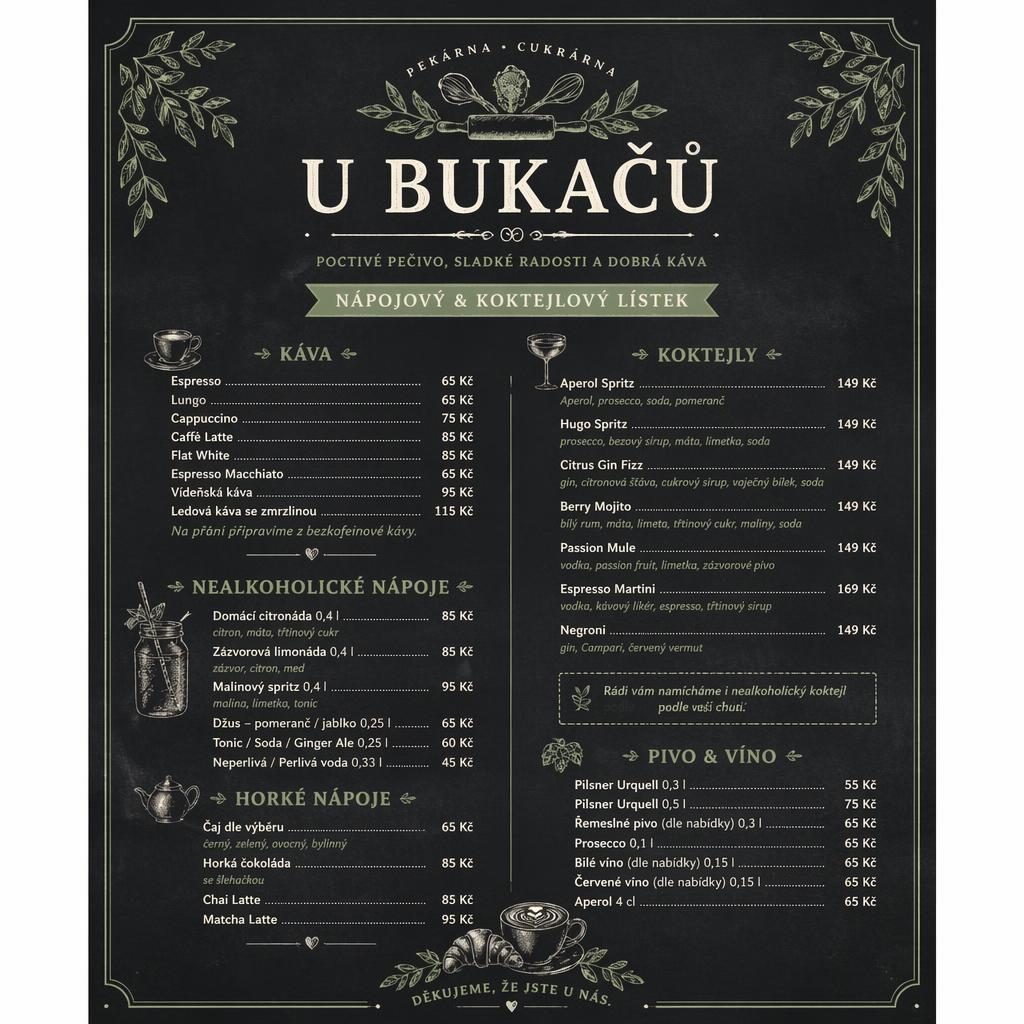 A4 nápojový lístek pro u bukačů menu v křídovém kavárenském stylu, šalvějová a slonovinová paleta, dekorativní záhlaví