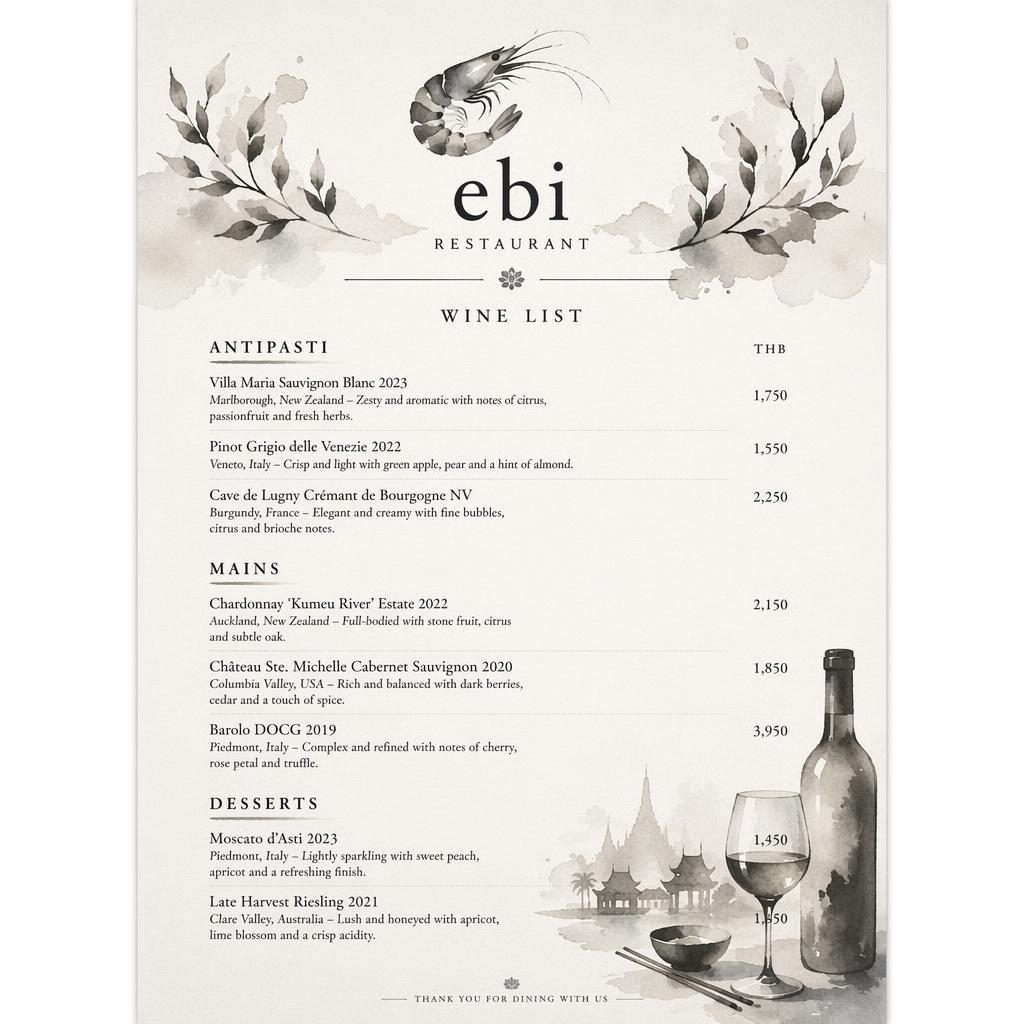 A4-Weinkarte für ebi restaurant im monochromen Aquarellstil mit dekorativem Header, Platzhaltertext und Preisspalte