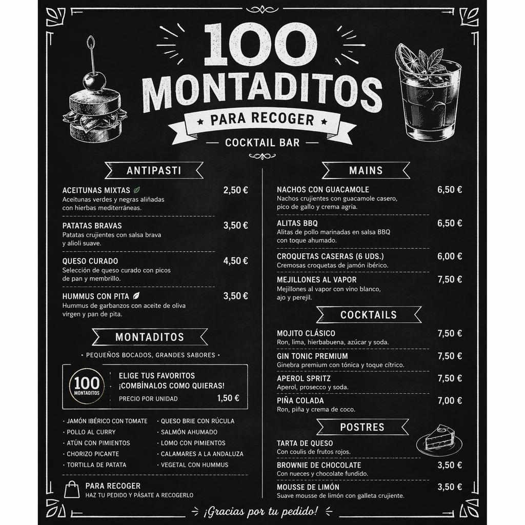 Carta de cócteles A4 vertical estilo pizarra, monocroma, con encabezado decorativo, secciones, platos de ejemplo y precios.
