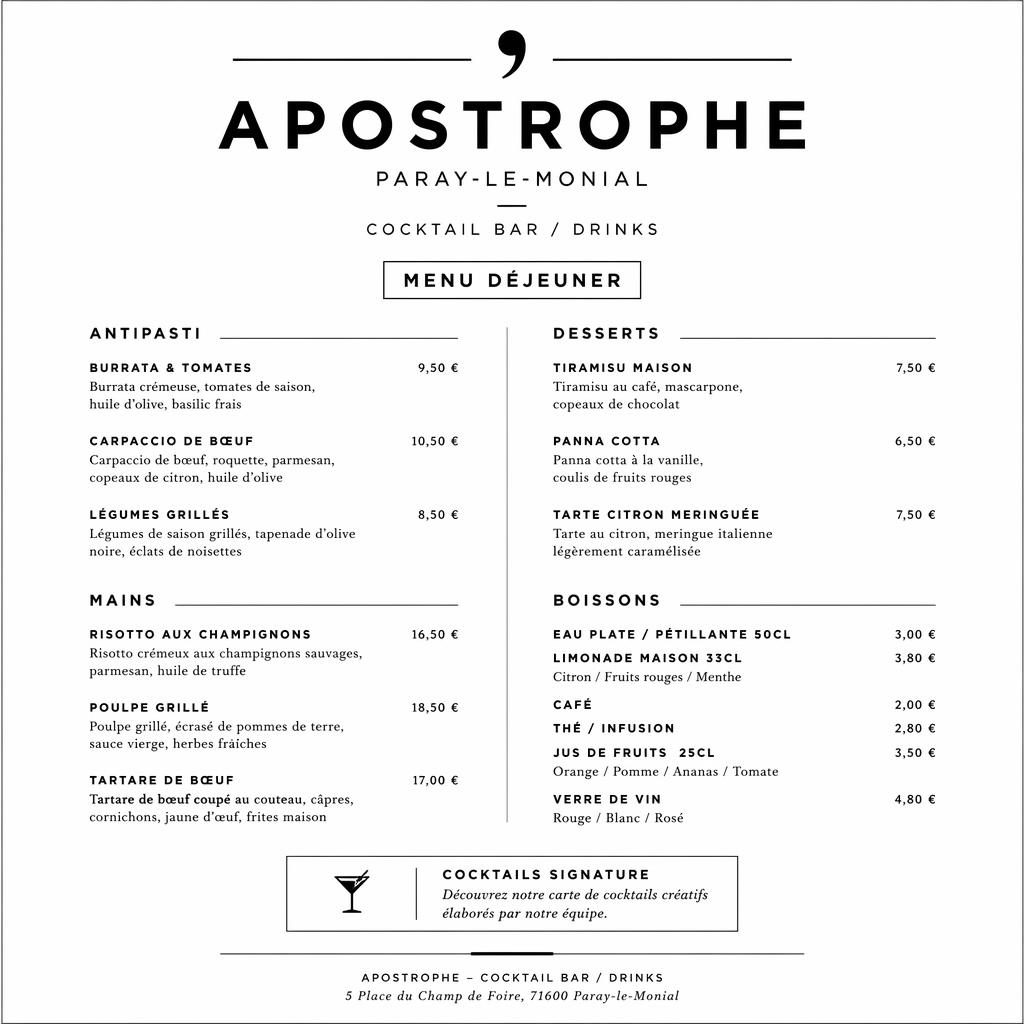 Carte de menu A4 en portrait, style suisse minimaliste monochrome, avec rubriques, plats fictifs, prix et en-tête décoratif.