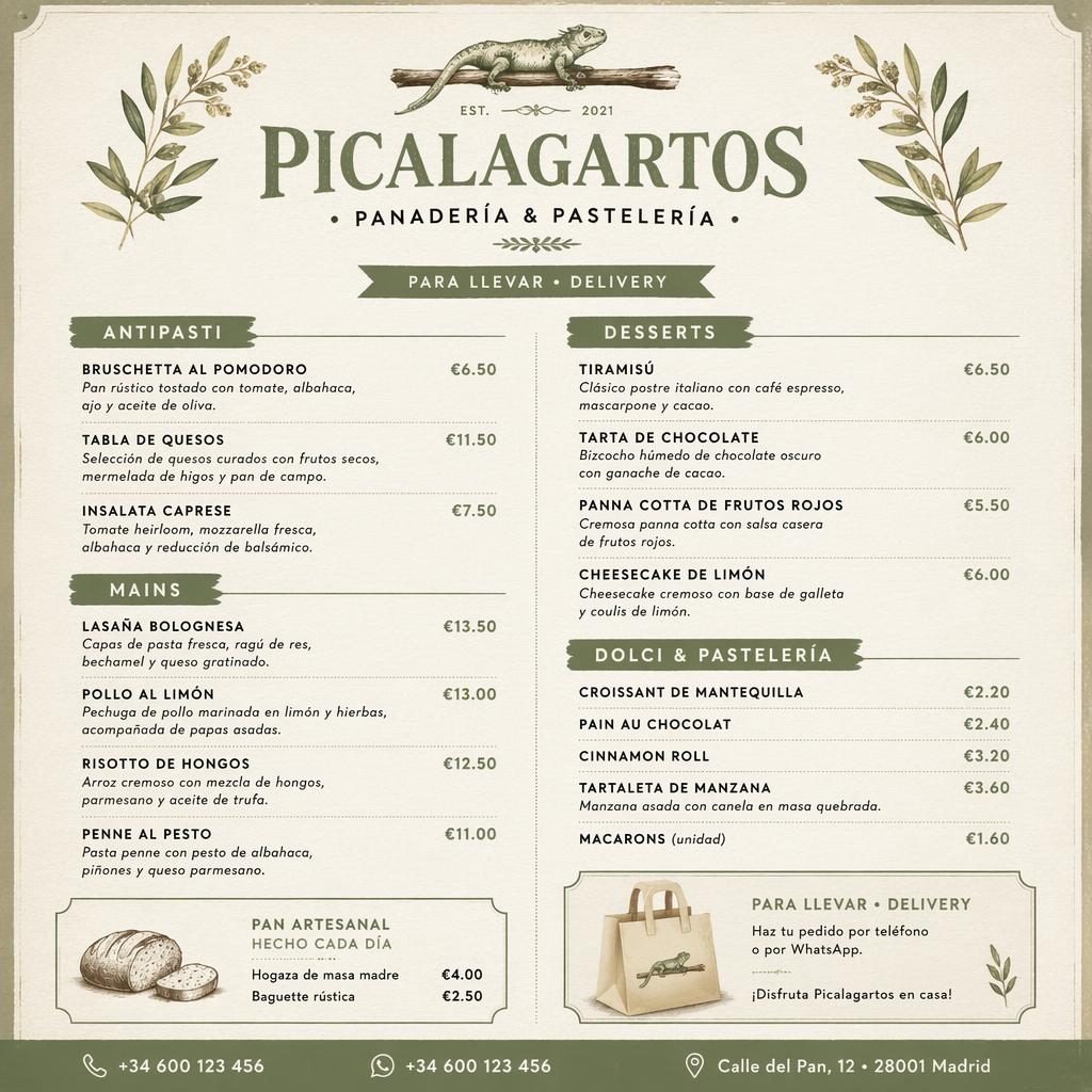 Carta de menú A4 vertical para menu picalagartos, estilo rústico cálido en salvia y marfil, con encabezado decorativo y precios.