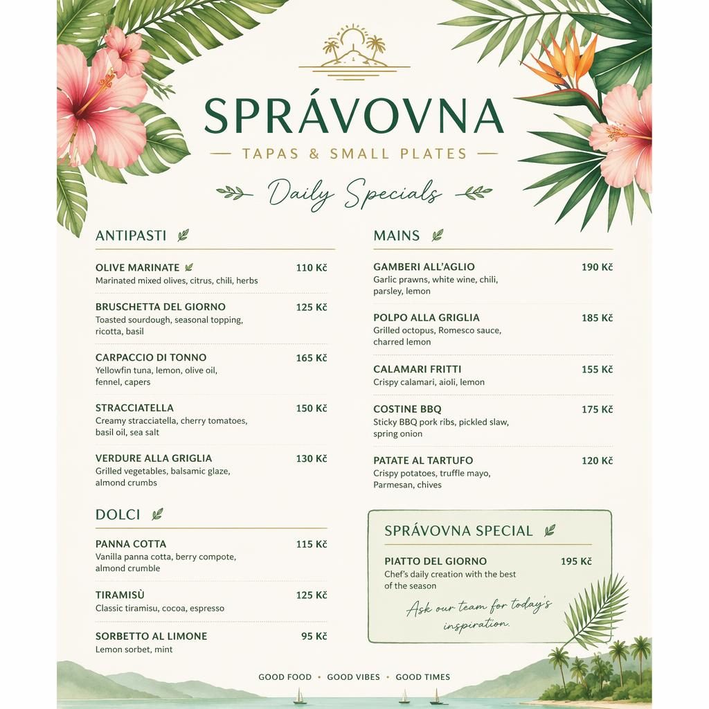 A4 jídelní lístek na výšku pro spravovna menu, tropický resort styl, svěží jarní barvy, sekce jídel a sloupec s cenami.
