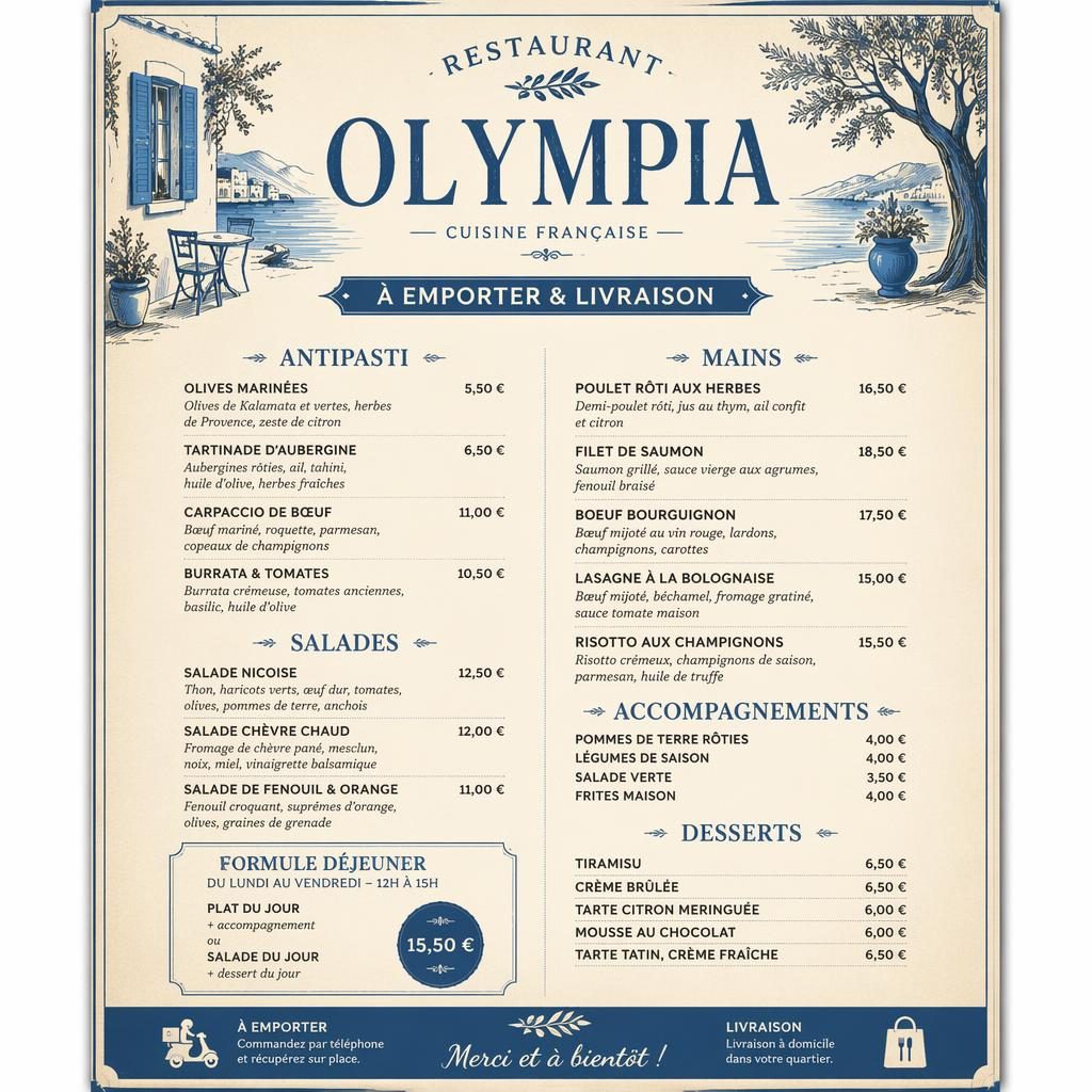 A4-Menükarte für Restaurant Olympia im Hochformat, rustikal warm in Blau und Creme mit Rubriken, Platzhaltertext und Preisen