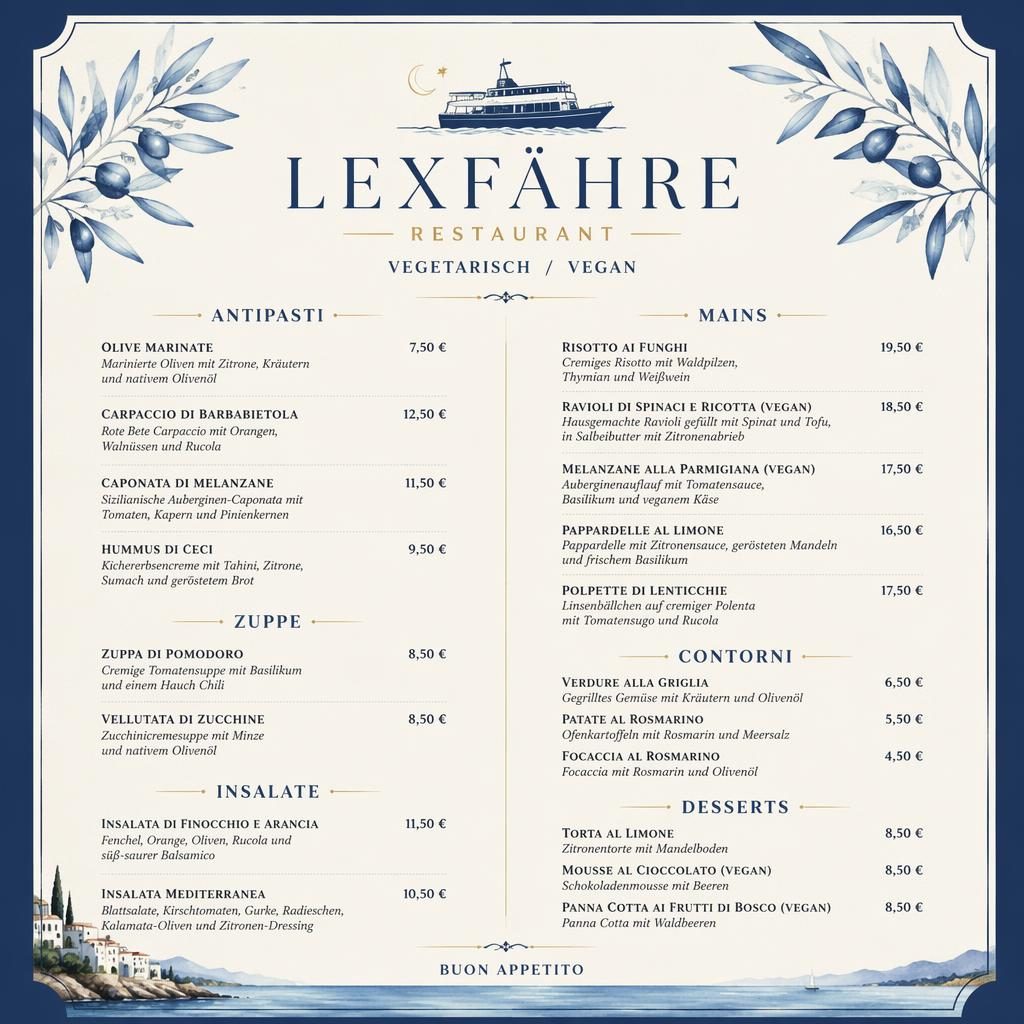 A4-Menükarte für lexfähre restaurant in Blau und Creme, mit Antipasti, Hauptgerichten, Desserts und Preisspalte.