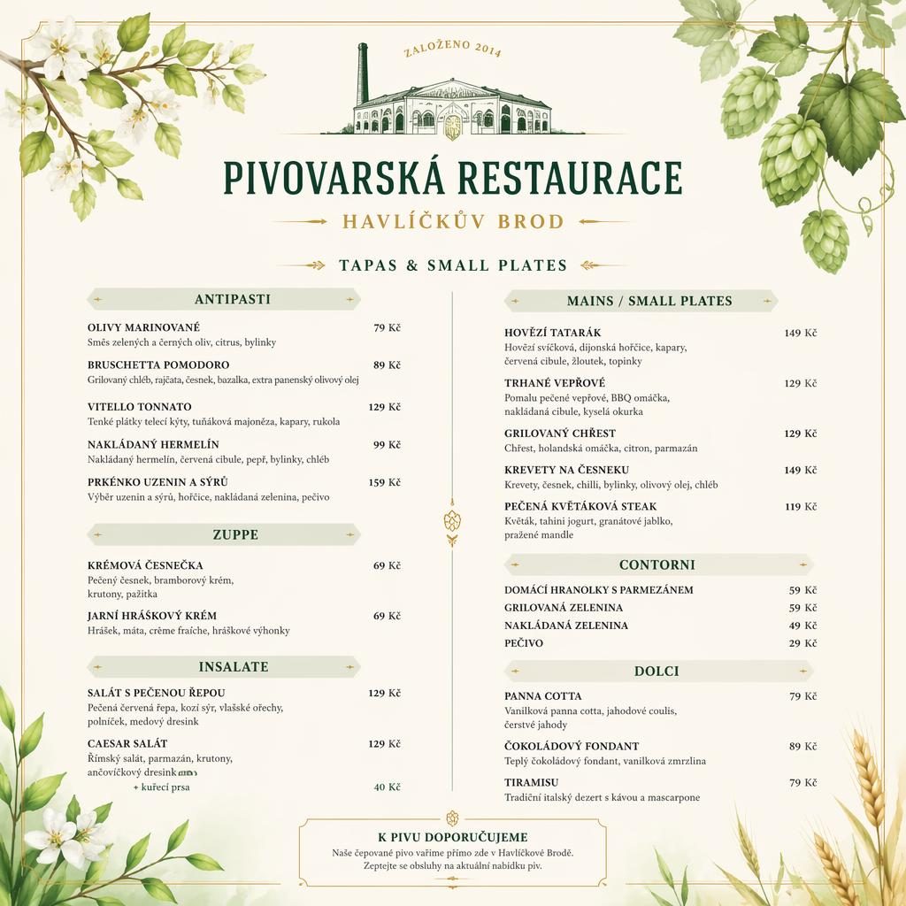 Luxusní jídelní lístek A4 na výšku pro pivovarská restaurace havlíčkův brod, jarní paleta, ceny a sekce menu.