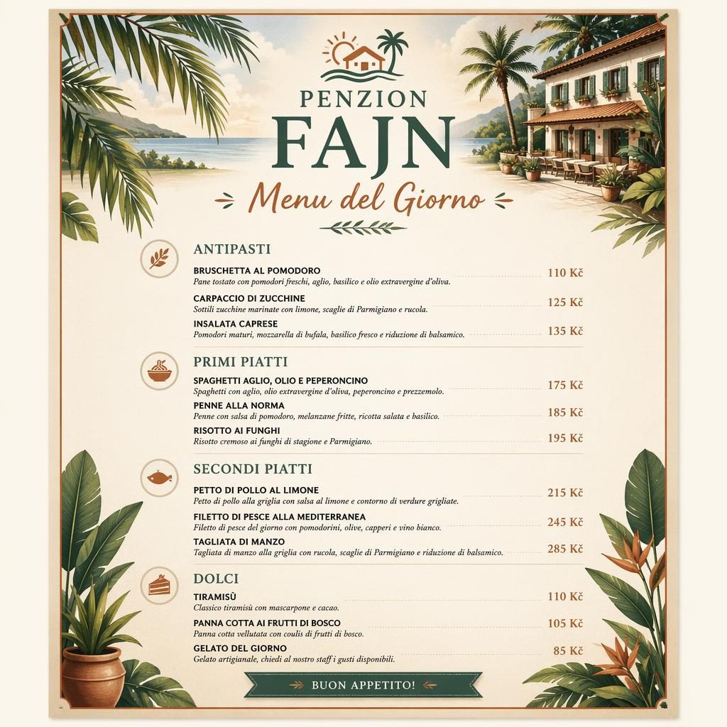 Italský denní jídelní lístek A4 pro penzion fajn menu v tropickém resort stylu s cenovým sloupcem.
