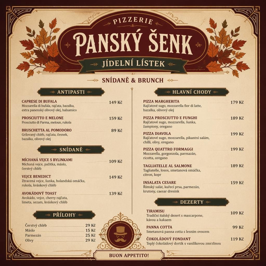 A4 menu karta pro pizzerii ve vintage stylu 20. let, podzimní paleta, dekorativní záhlaví, sekce jídel a sloupec cen