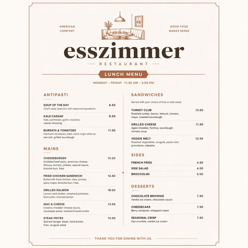 A4-Menükarte für restaurant esszimmer im minimalistischen Swiss-Design, warme Erdtöne, Platzhaltertexte und Preisspalte.