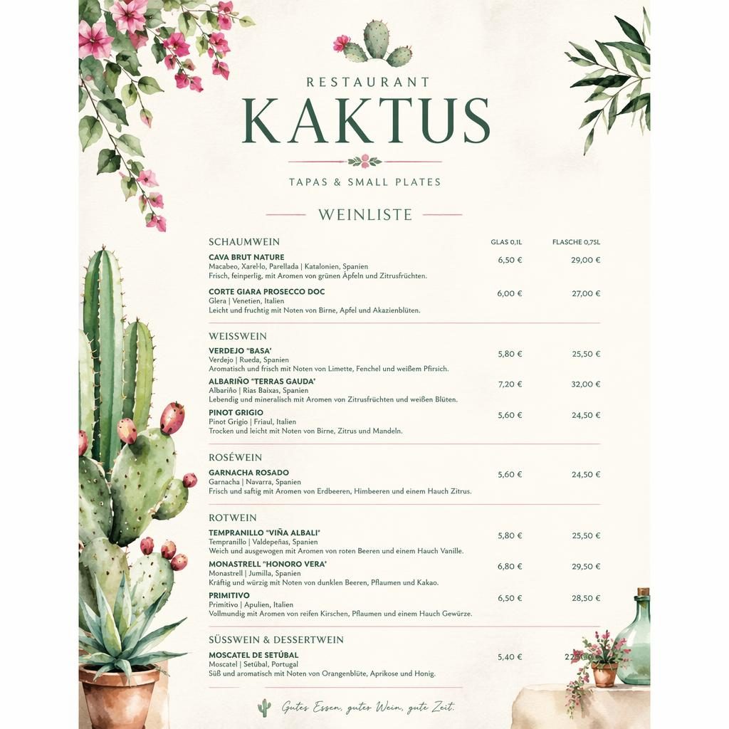 A4-Menükarte im Hochformat für Restaurant Kaktus, Weinkarte in frischem Aquarellstil mit Zierkopf, Platzhaltertext und Preisen.