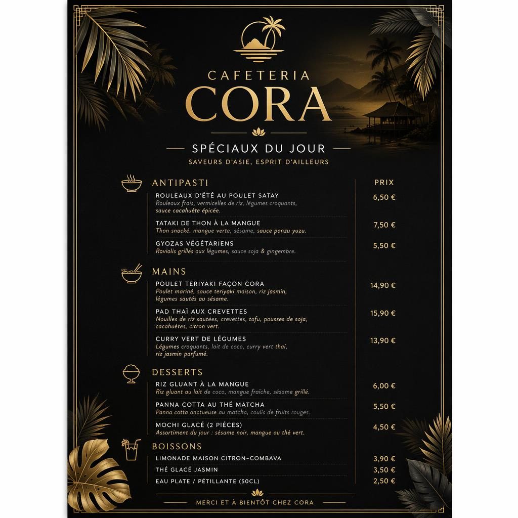 Carte de menu A4 en portrait, style resort tropical noir et or, en-tête décoratif, rubriques et prix alignés.