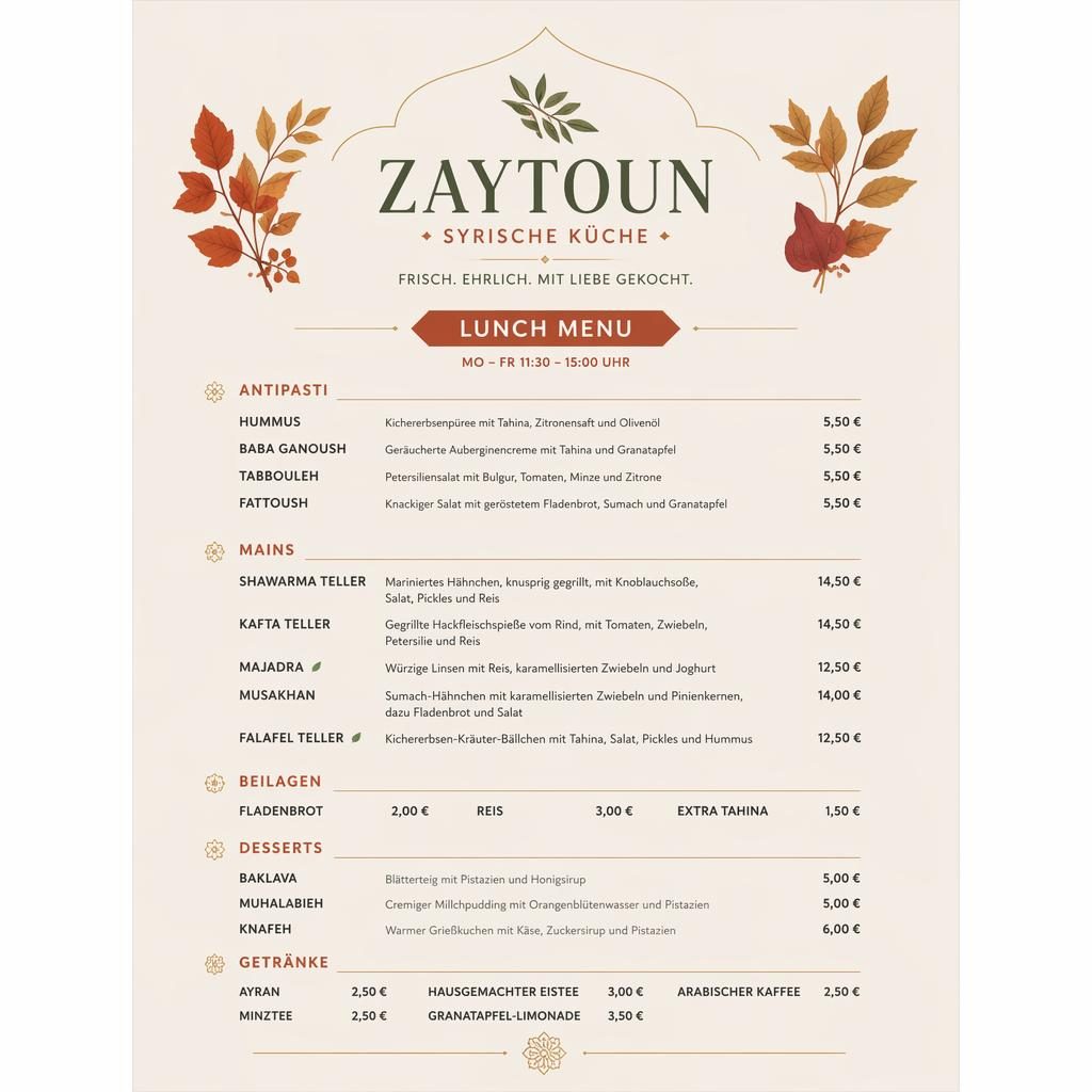 A4-Menükarte für ein syrisches Restaurant im Swiss-Design, herbstliche Farben, klare Typografie, Preisspalte