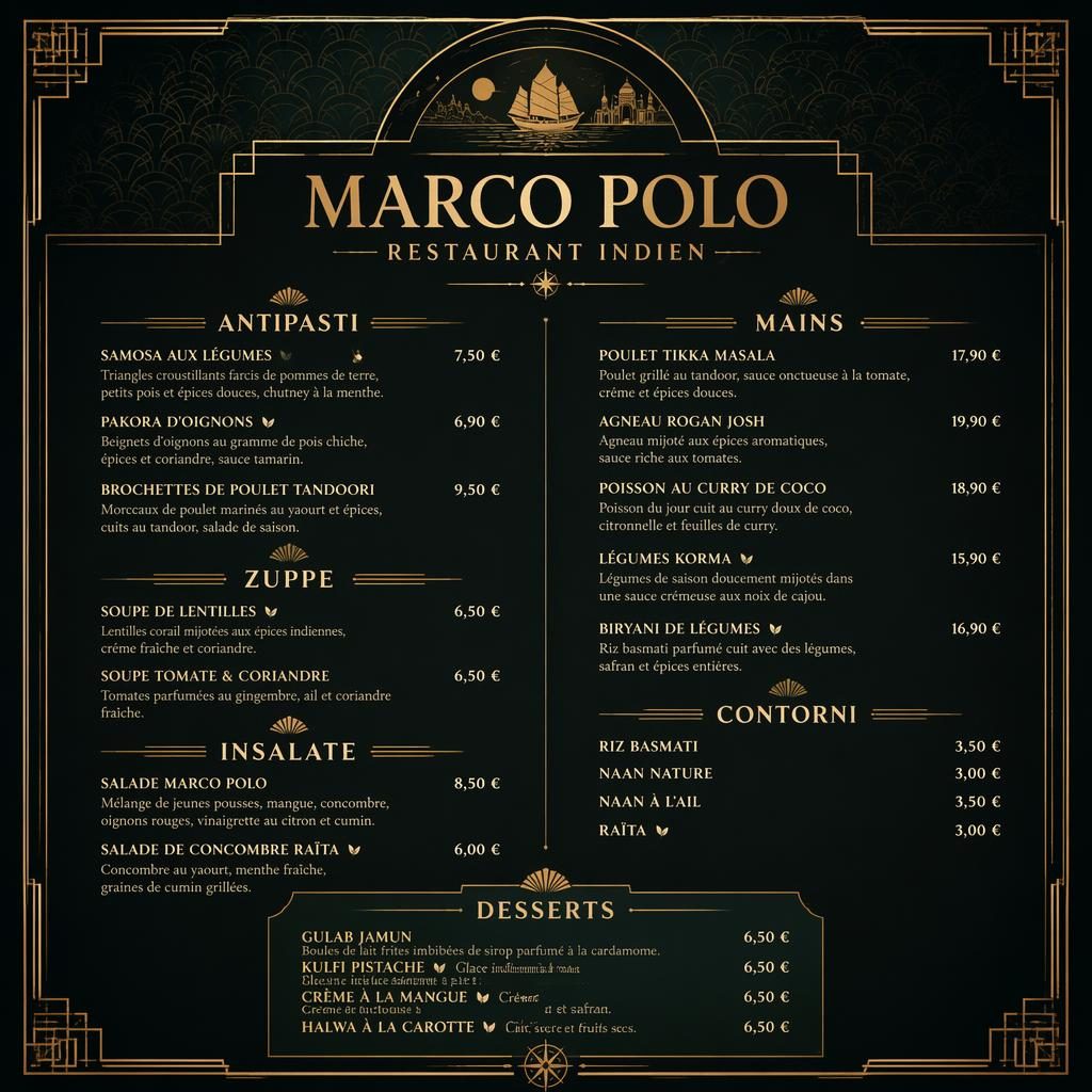 Carte dessert A4 portrait style art déco sombre pour menu marco polo, en-tête décoratif, typographie élégante et colonne de prix.