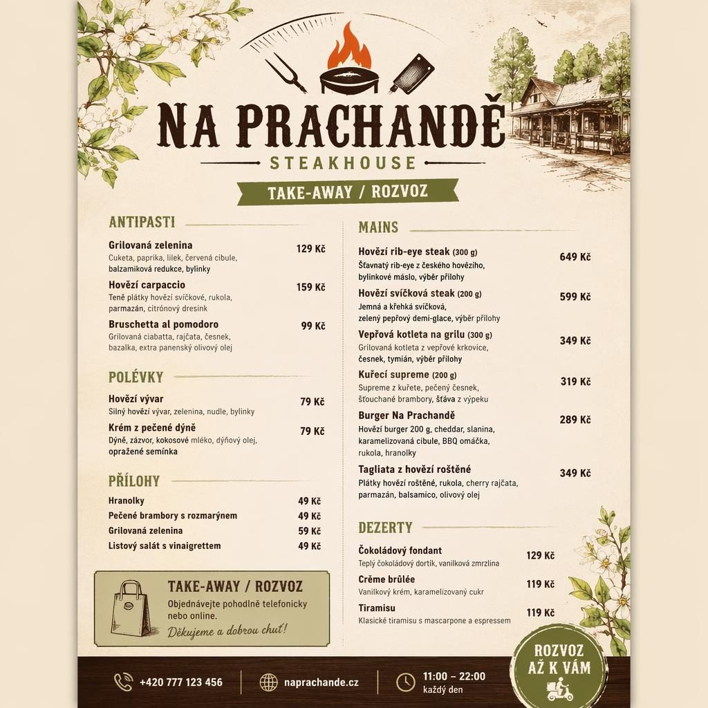 A4 menu karta na prachandě ve rustikálním teplém stylu s jarní paletou, sekcemi jídel, cenami a dekorativní hlavičkou