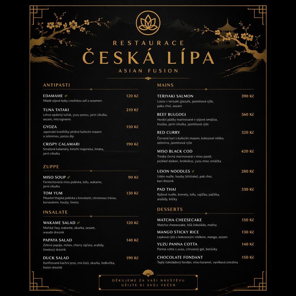 Luxusní jídelní lístek A4 pro restaurace česká lípa v černo-zlatém stylu s sekcemi, názvy jídel a cenami.