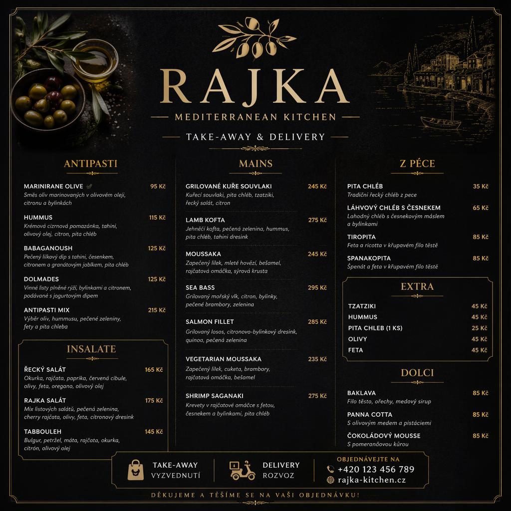 A4 menu karta na výšku pro rajka menu v černo-zlatém luxusním rustikálním stylu s sekcemi, cenami a dekorační hlavičkou.