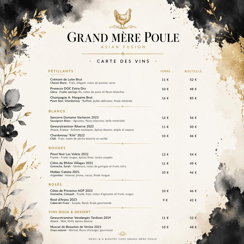 Carte des vins A4 en portrait, style aquarelle cosy noir et or, avec en-tête décoratif, rubriques et colonne de prix.