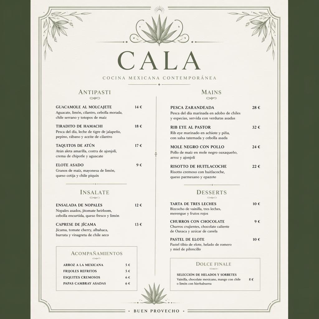 Tarjeta de menú A4 en vertical para Menu Cala, estilo lujo en tonos salvia y marfil, con encabezado decorativo, secciones, platos y precios.