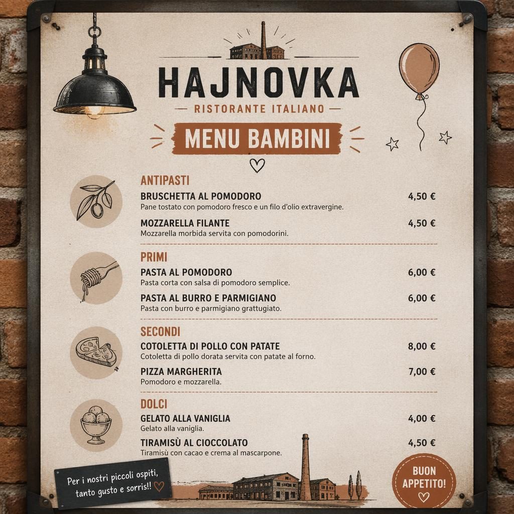 A4 dětské italské hajnovka menu v industriálním loft stylu, teplé zemité tóny, sekce jídel a sloupec cen