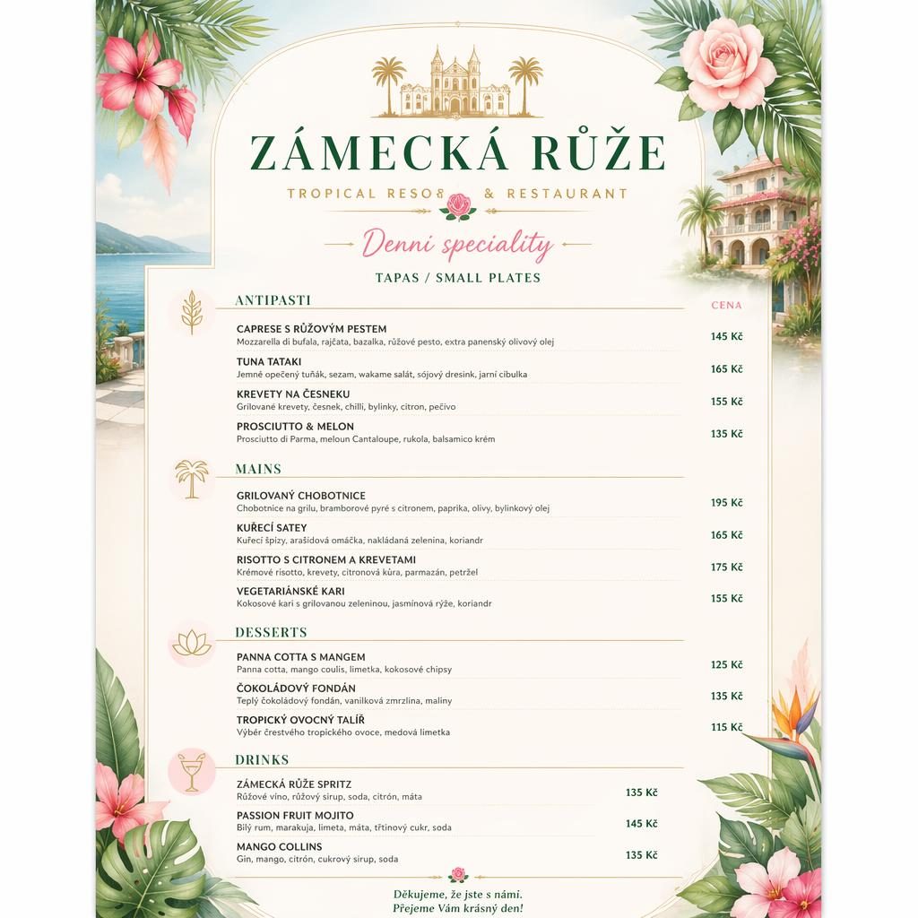 Ilustrace menu karty A4 na výšku pro zámecká růže menu v tropickém resort stylu s jarní paletou a cenami.
