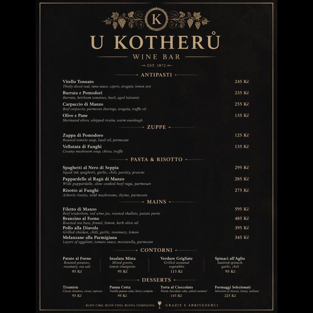 Luxusní menu karta A4 na výšku pro u kotherů, tmavá fine dining stylizace s dekorativní hlavičkou a cenami.