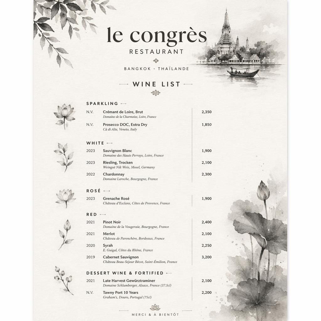 Carte des vins A4 en portrait pour le congrès restaurant, style aquarelle monochrome, en-tête décoratif et prix alignés.