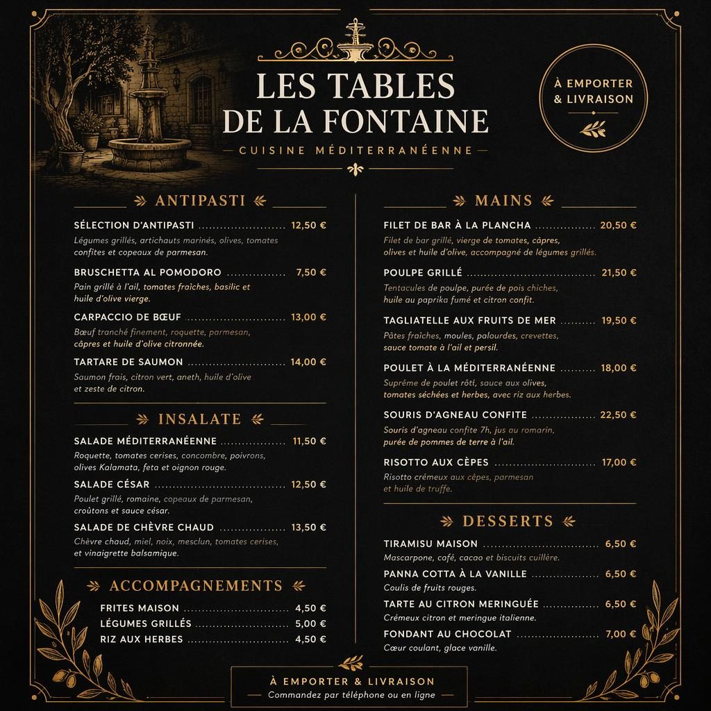 Carte de menu A4 portrait méditerranéenne noir et or, style rustique chic, rubriques, plats, descriptions et prix.