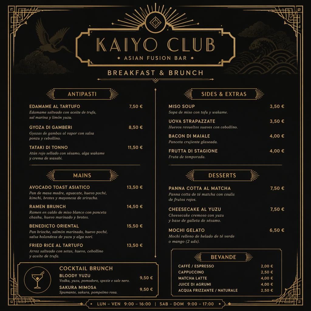 Menú A4 vertical de brunch asiático fusión, estilo años 20, negro y oro, con cabecera decorativa, secciones y precios.