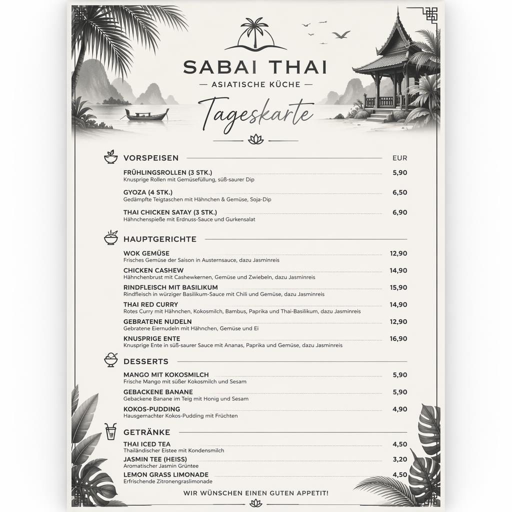 A4-Menükarte im Thai-Stil mit Daily Specials, tropischem Header, monochromem Layout, Platzhaltertext und Preisspalte.