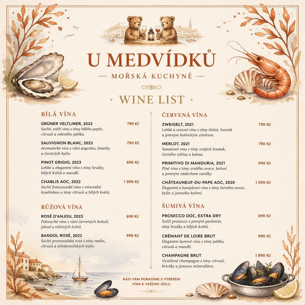 Akvarelový vinný lístek A4 pro u medvídků menu v teplých krémových a rezavých tónech s dekorativní hlavičkou.