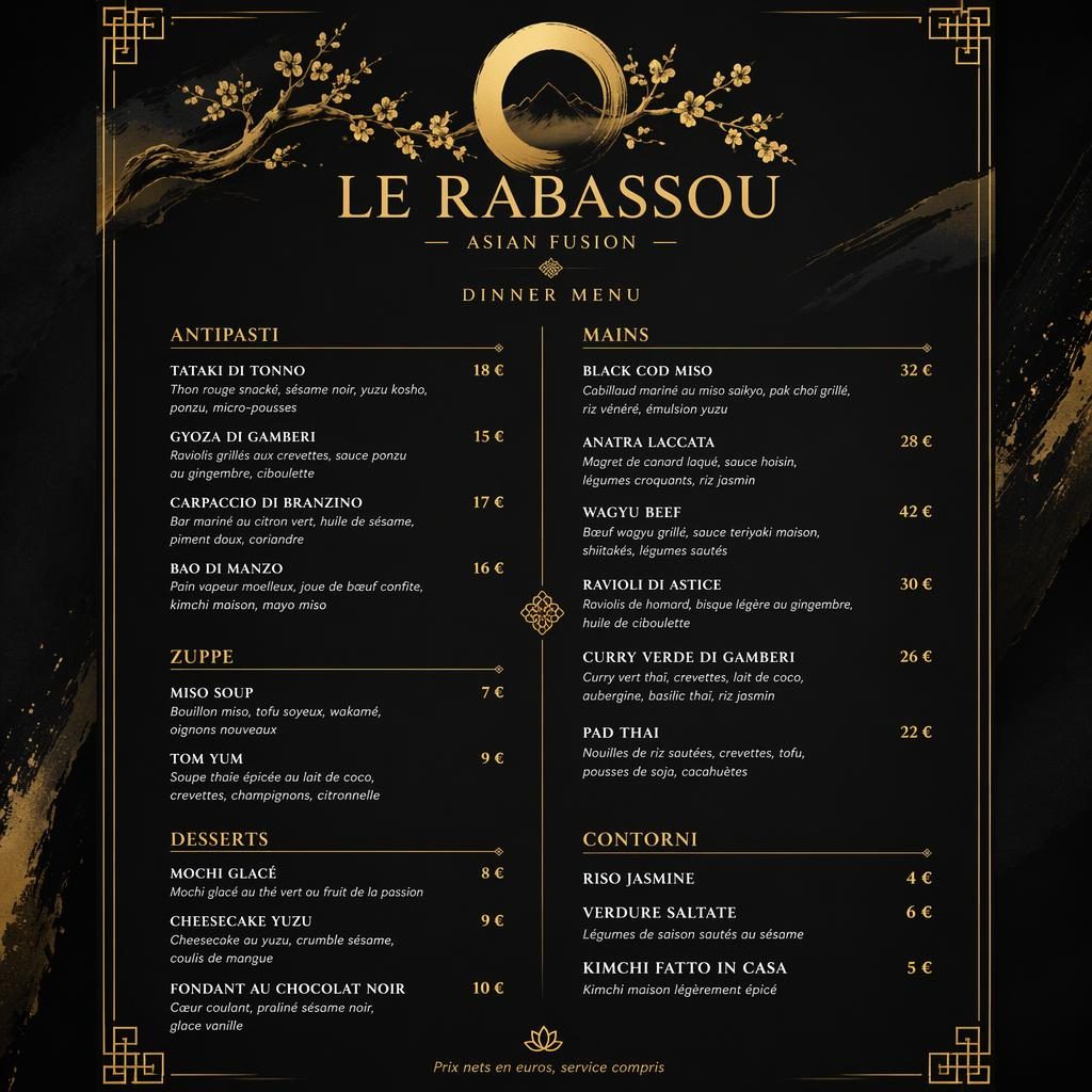 Carte de menu A4 en portrait noir et or pour restaurant le rabassou, style fusion asiatique haut de gamme