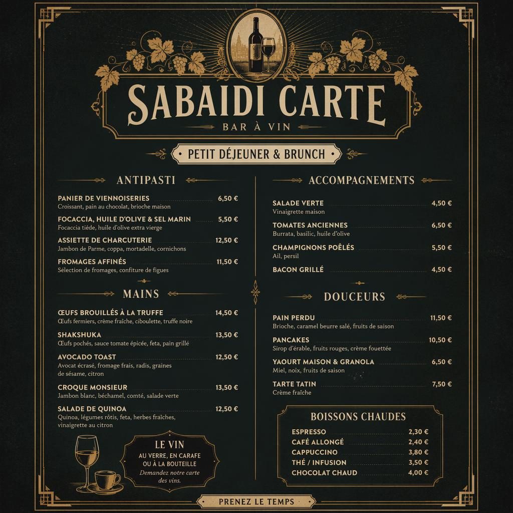 Carte de brunch A4 en portrait pour sabaidi carte, style vintage années 1920, palette sombre, en-tête décoratif et colonne de prix.