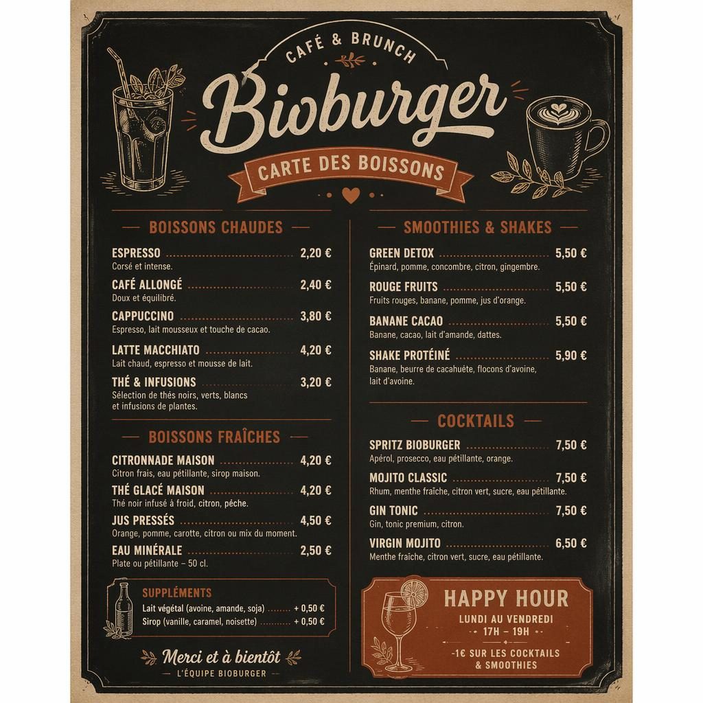 Carte de boissons A4 en portrait, style ardoise café, palette crème chaude et rouille, en-tête décoratif et colonne de prix.
