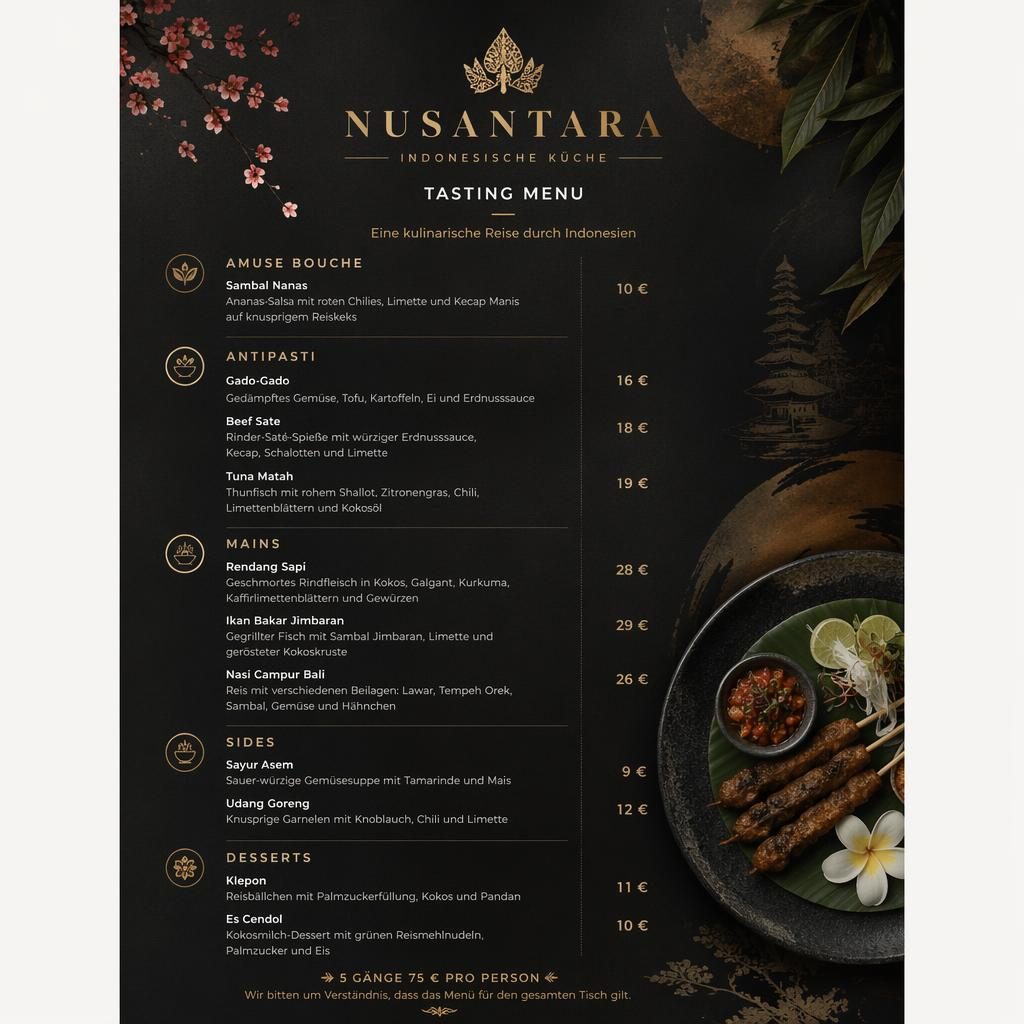 A4-Menükarte im Hochformat für ein indonesisches restaurant, dunkle kaiseki-Optik mit Deko-Kopfzeile, Platzhaltertext und Preisen.