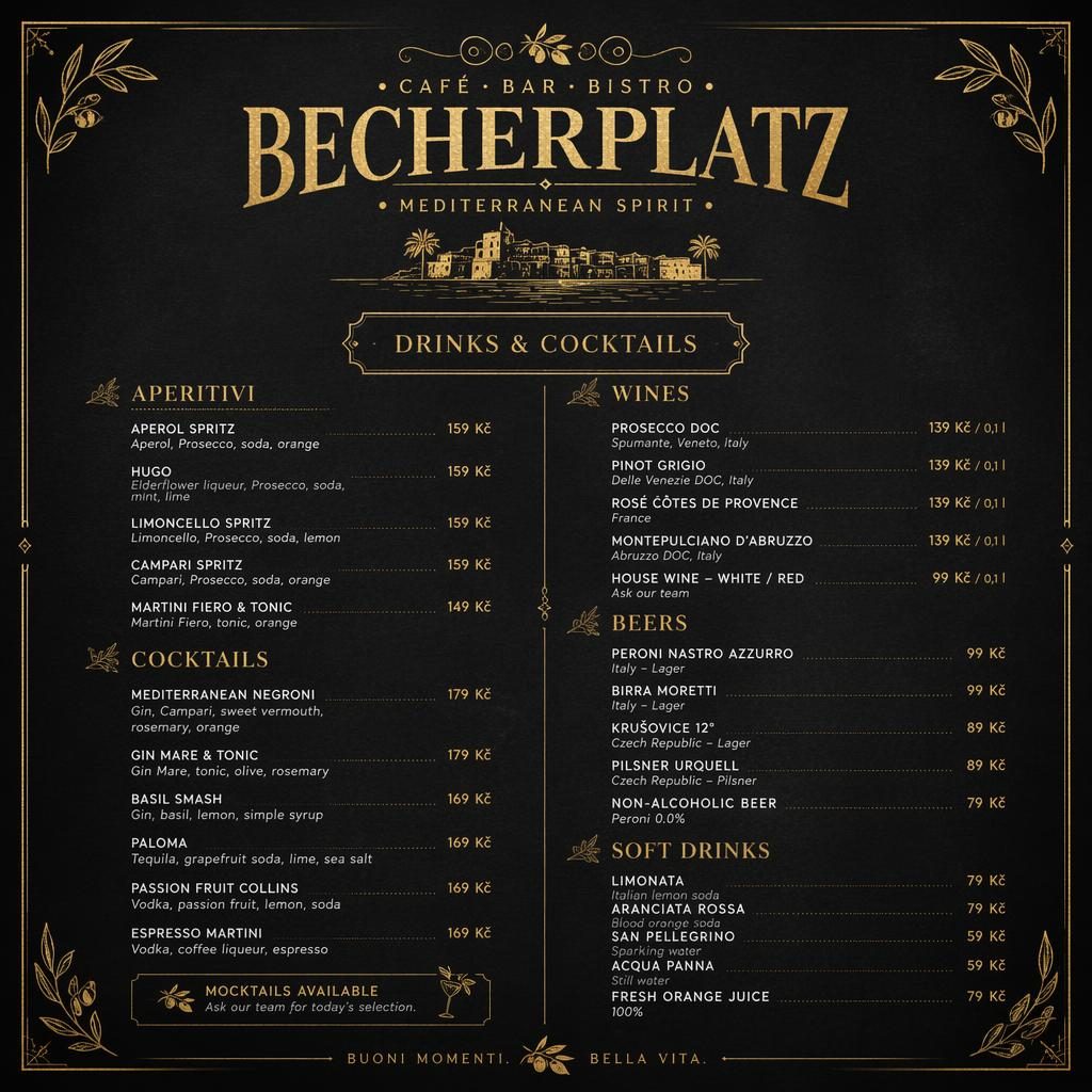Menu karta A4 na výšku pro becherplatz menu, černá tabule se zlatými detaily, dekorativní záhlaví a sloupec cen.