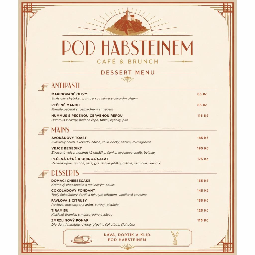 A4 dezertní menu Pod Habsteinem v art deco stylu, teplá krémová a rezavá paleta, dekorativní záhlaví a sloupec cen.