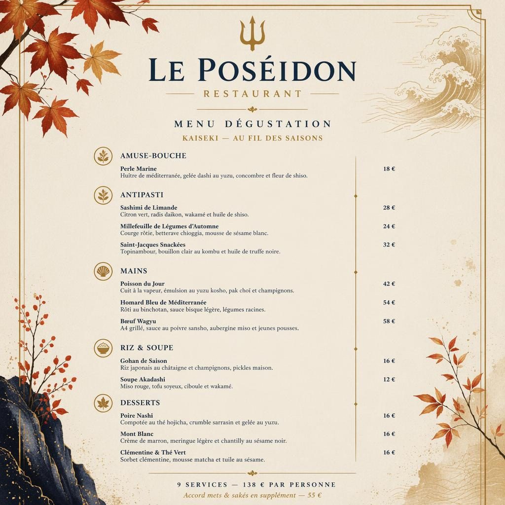 Carte de menu dégustation A4 en portrait pour le poseidon restaurant, style kaiseki japonais, palette automnale.