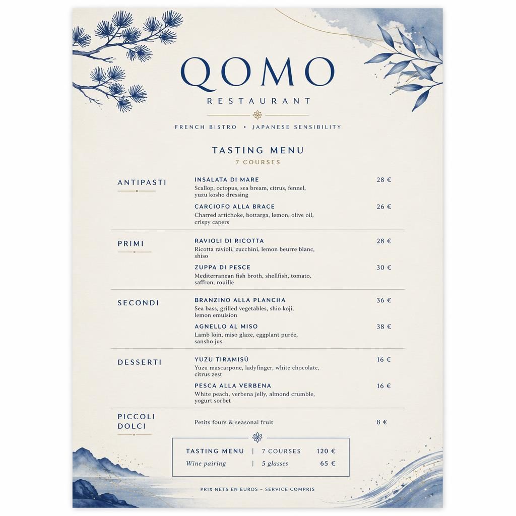 A4-Menükarte für qomo restaurant im französischen Bistro-Stil mit Kaiseki-Einfluss, Blau-Creme-Palette und Preisleiste.