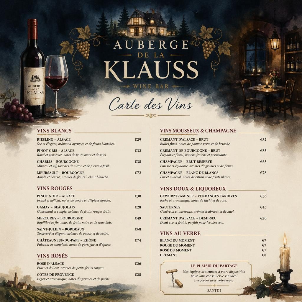 Carte des vins A4 en portrait, style aquarelle cosy aux tons sombres, avec en-tête décoratif, rubriques, plats factices et colonne de prix.