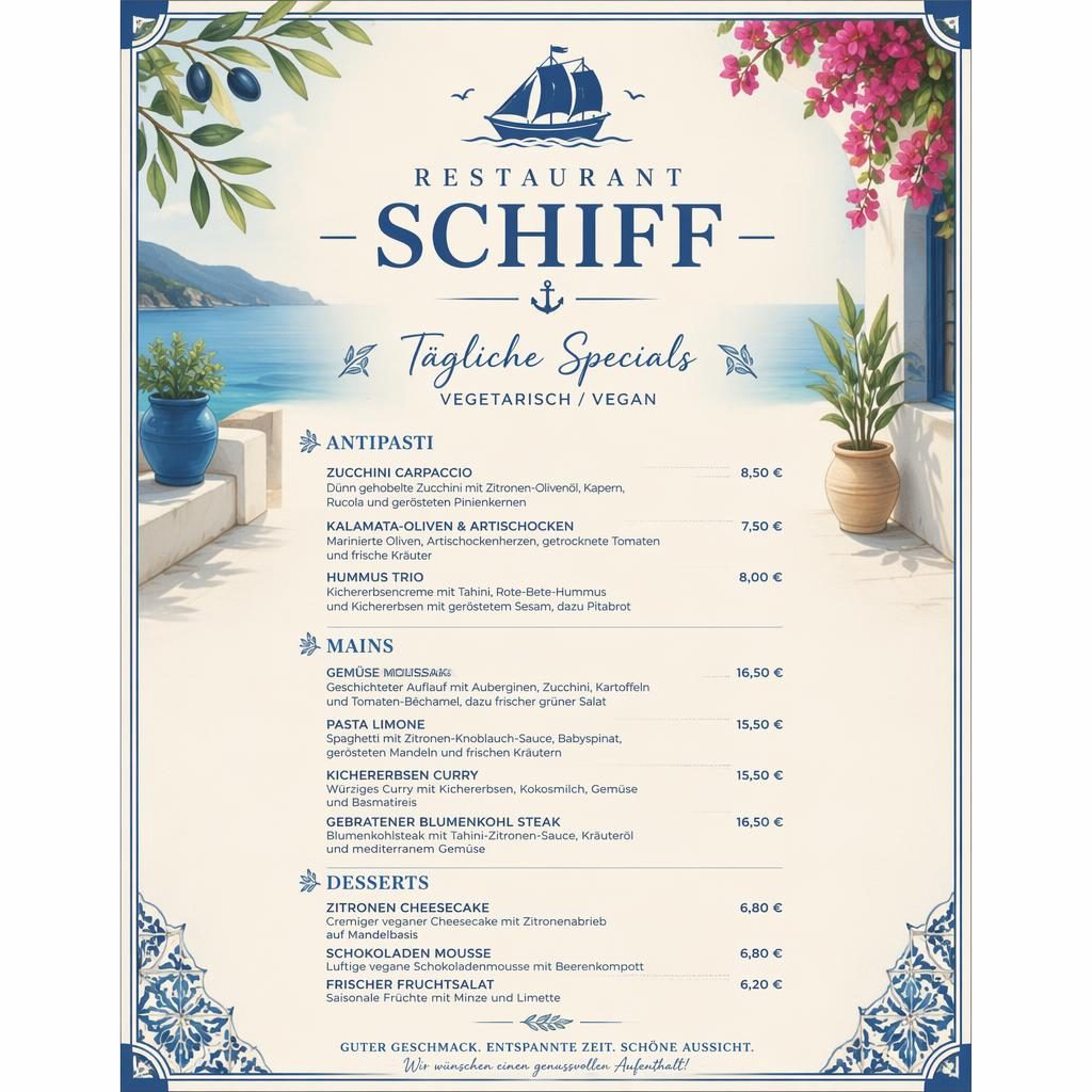 A4-Menükarte für Restaurant Schiff mit Tagesgerichten, tropischem Resort-Look in Blau und Creme, Preisleiste und Deko-Header.