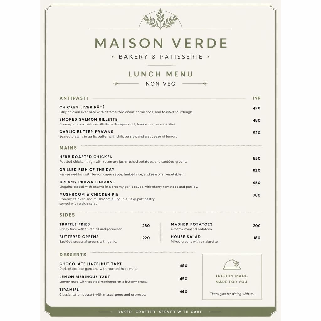 A4 portrait bakery lunch menu card in sage and ivory with minimalist Swiss layout, placeholder dishes, prices, and header.