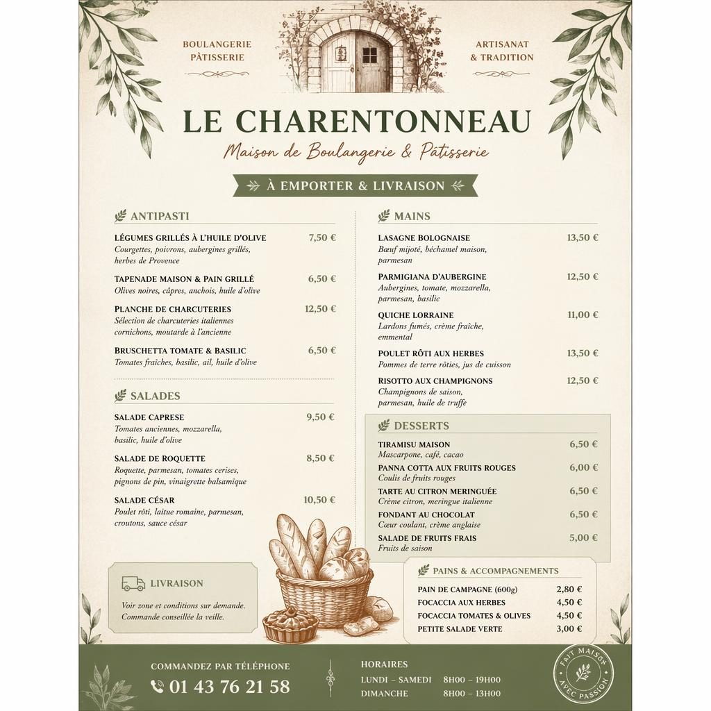Carte de menu A4 en portrait, palette sauge et ivoire, en-tête décoratif, rubriques et prix, style boulangerie-pâtisserie.